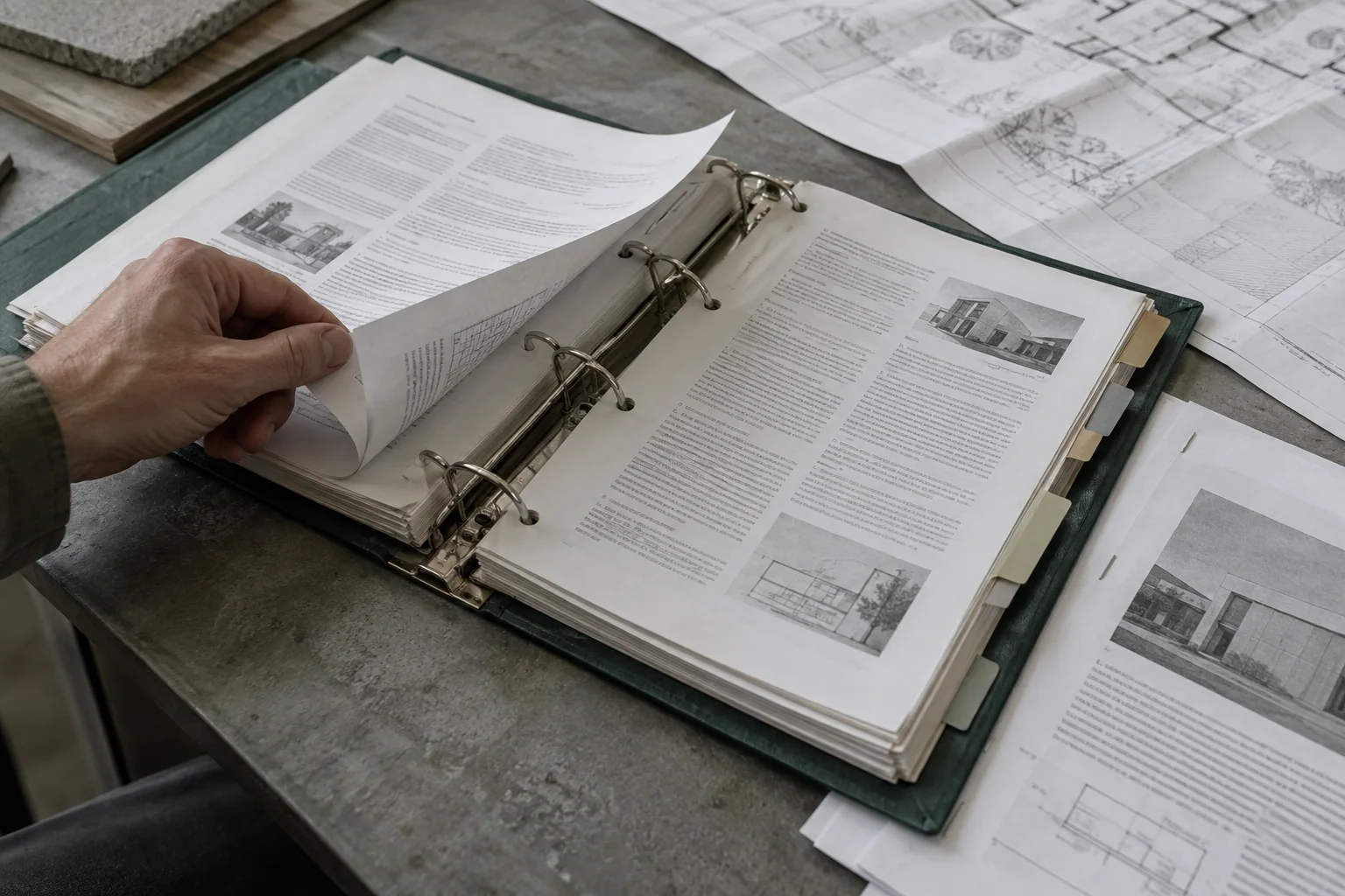A hand turning a page in a green ring binder beside a stapled document and architectural drawing