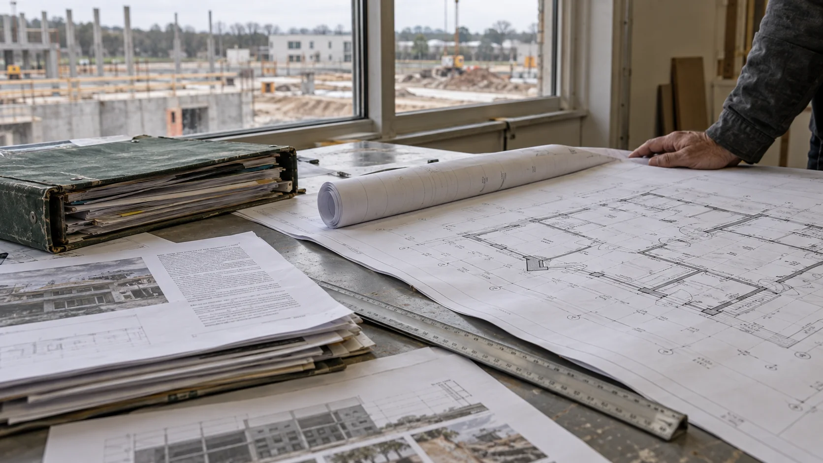 Project documents, a green binder and an unrolled floor plan on a table overlooking a construction site