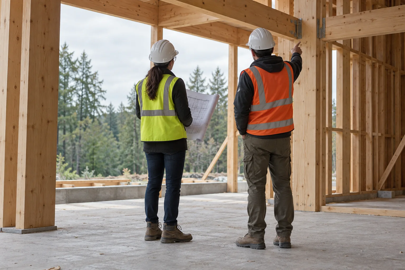 Two people in hard hats and reflective vests comparing a drawing with timber framing inside an unfinished building