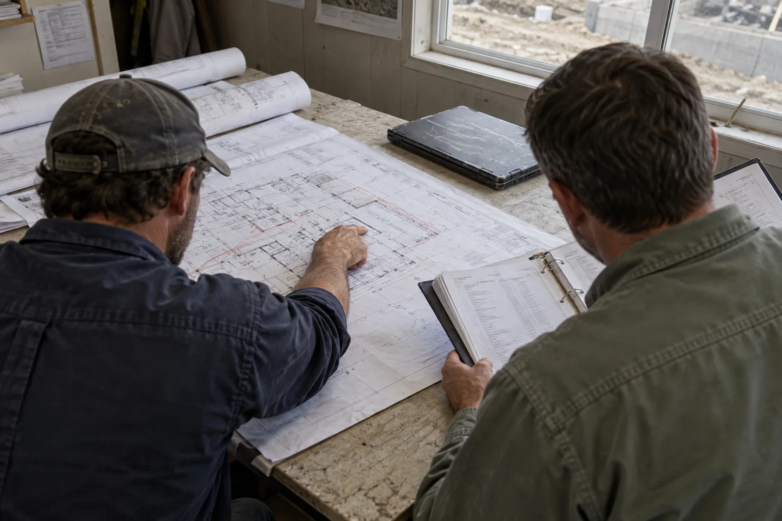 Two project team members reviewing a floor plan and an open binder in a site office