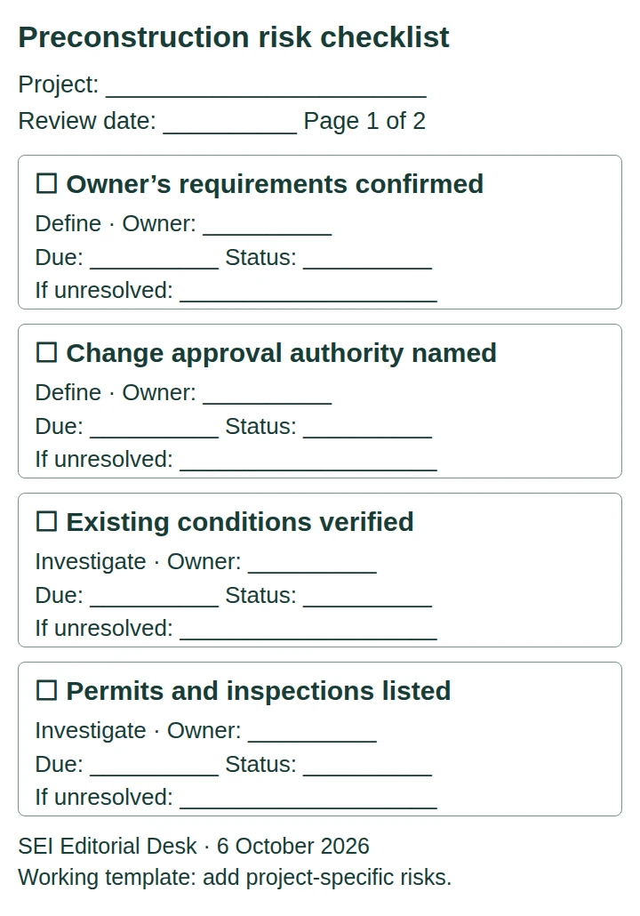 Blank preconstruction checklist preview with item, owner, due date, status and consequence fields