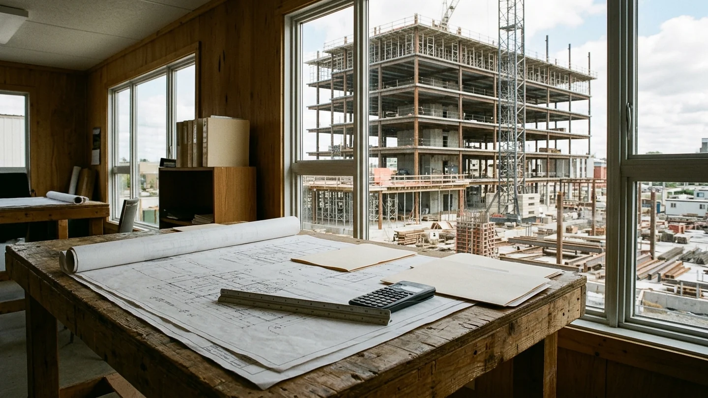 Commercial architectural floor plans, a scale ruler, and a calculator on a worktable overlooking a steel building frame