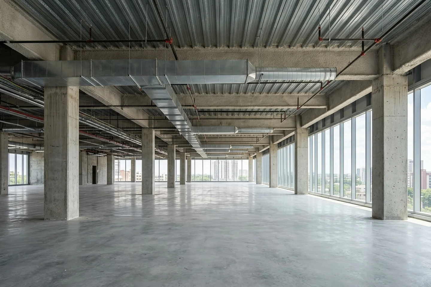 Unfinished commercial building floor plate showing structural columns, concrete slab, curtain wall glazing, and overhead main ductwork