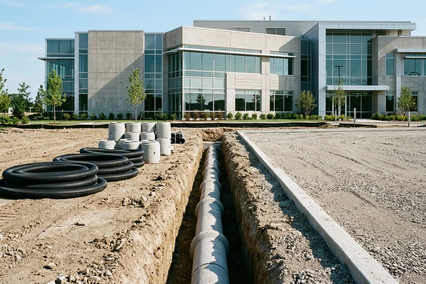 Excavated utility trench, drainage piping, and graded aggregate base outside a commercial building foundation perimeter