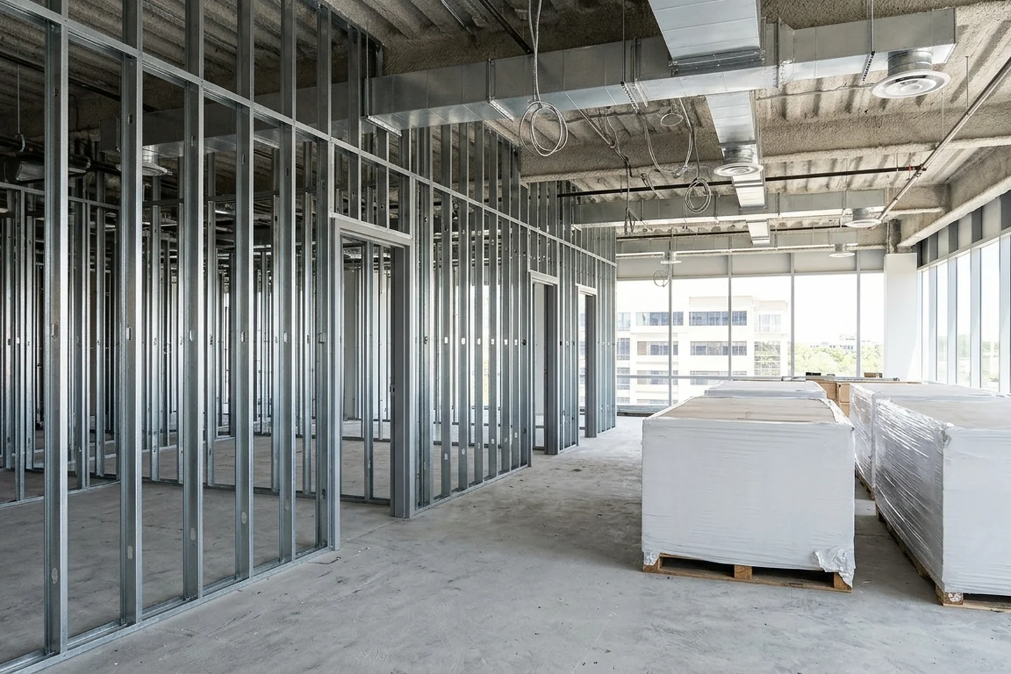 Interior metal stud partitions, door frames, wrapped drywall stacks, and overhead branch ductwork inside a commercial tenant build-out