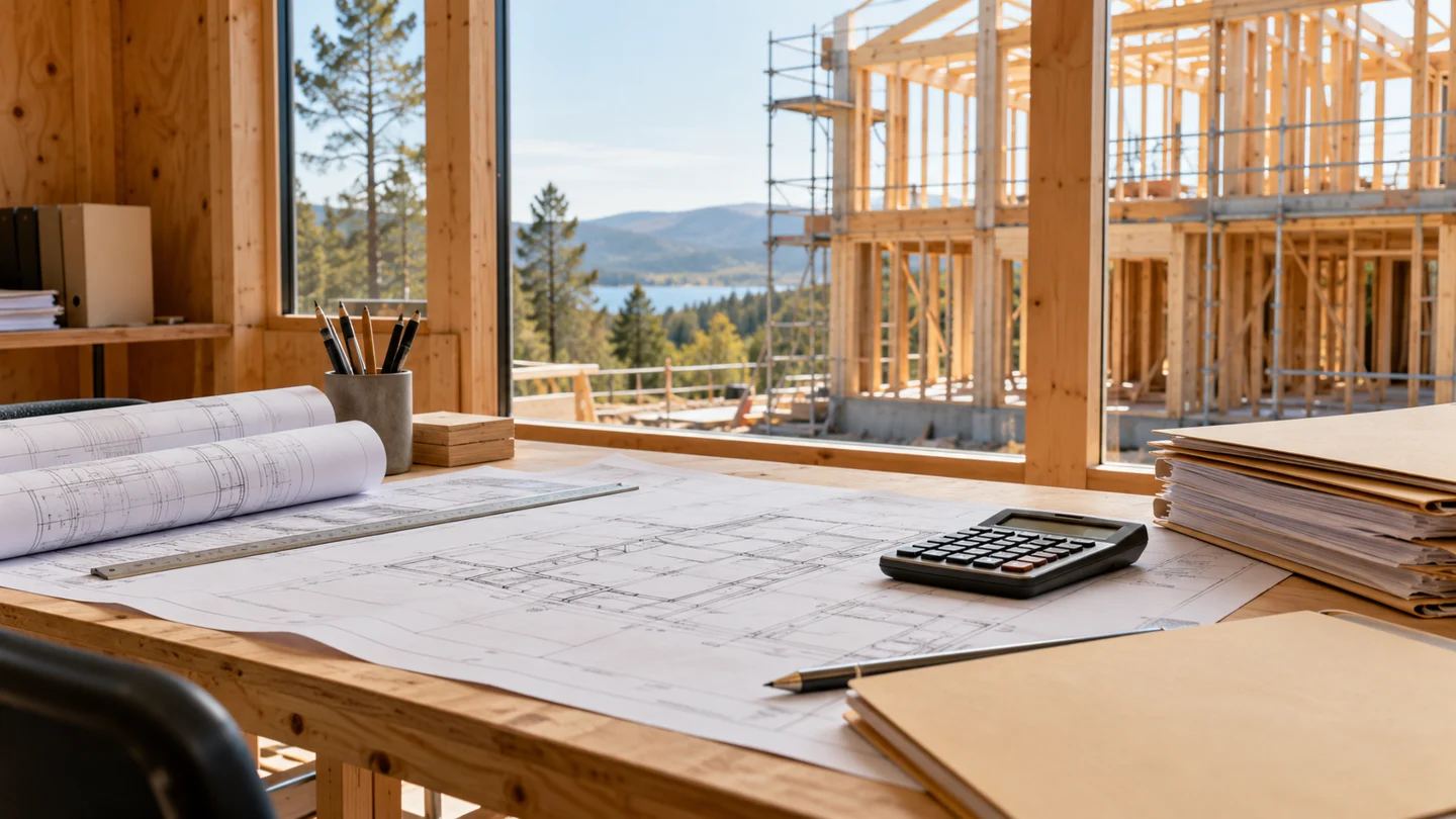Architectural plans and a calculator in a construction site office