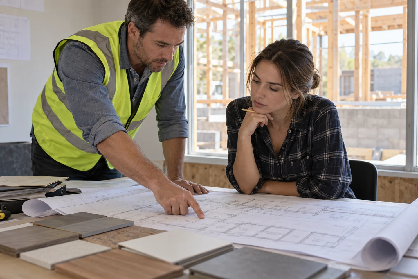 Project colleagues reviewing a floor plan in a construction site office