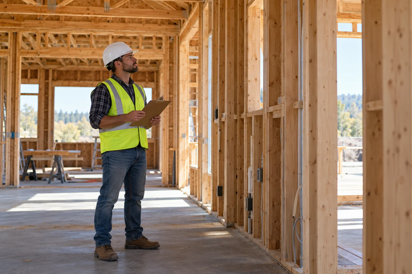 Site supervisor with a clipboard beside unfinished timber framing