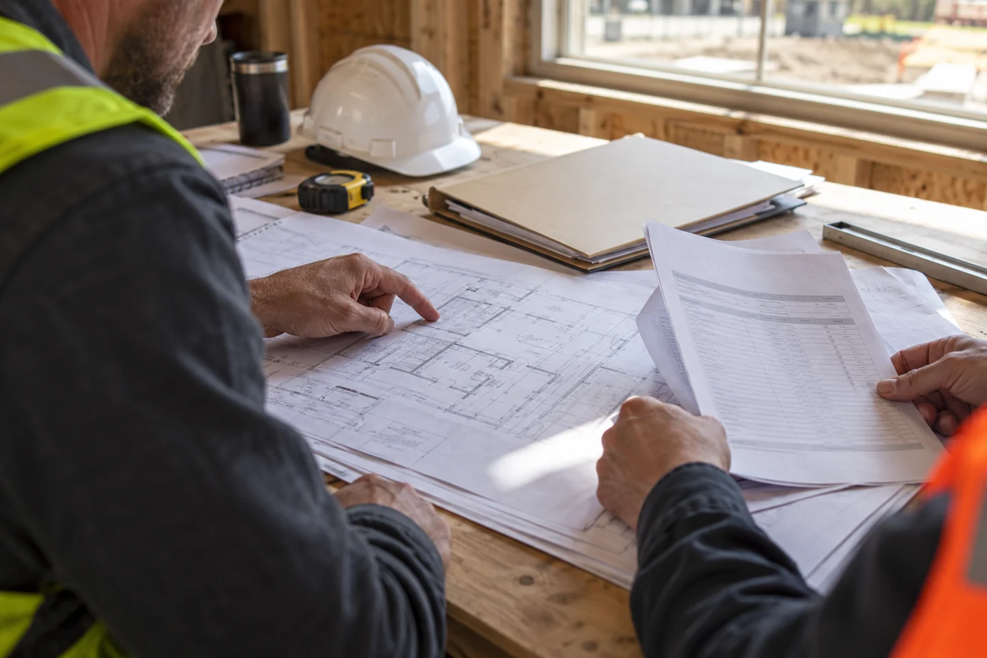 Hands reviewing plans and paperwork on a site-office desk