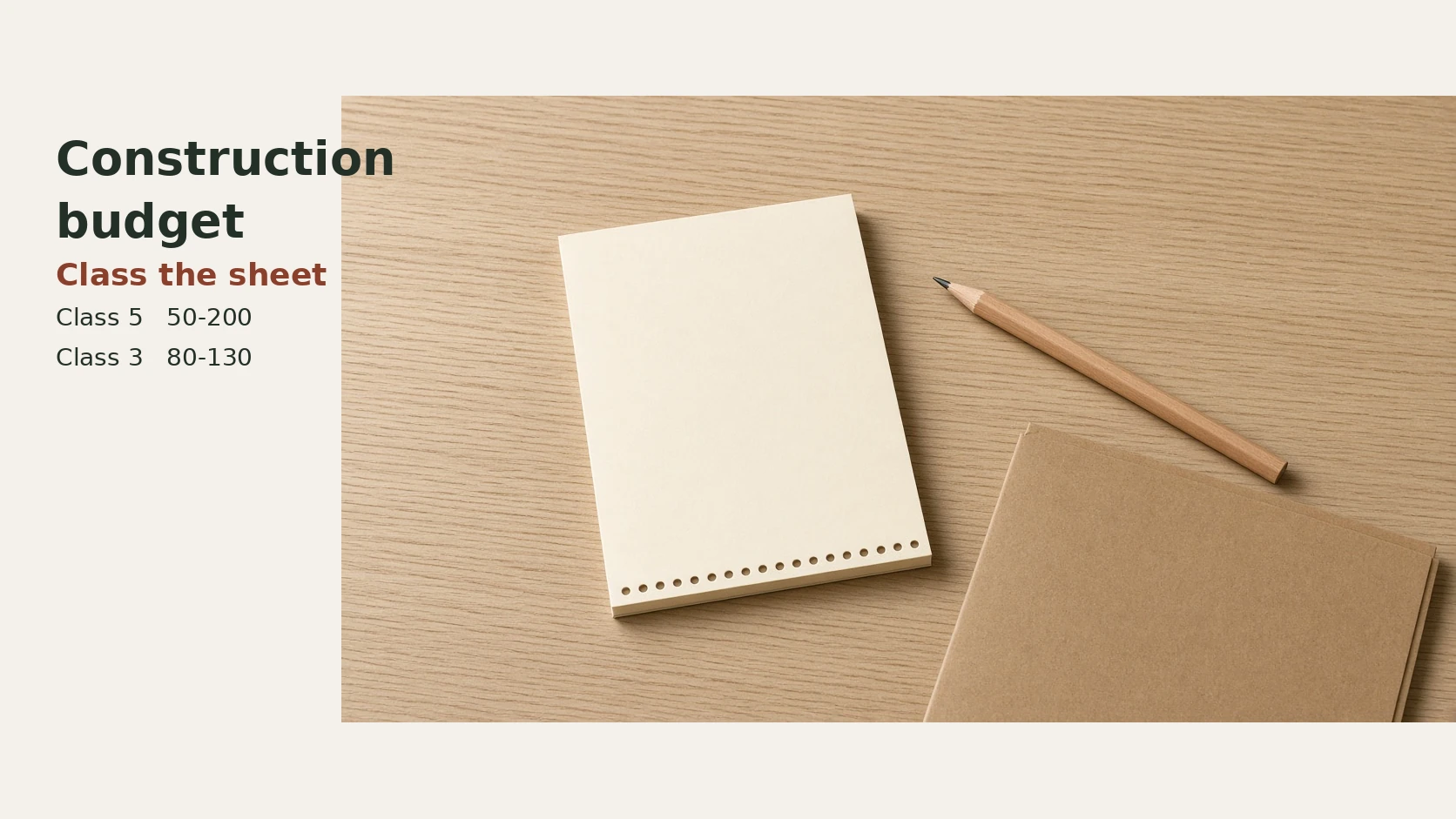 Cover labeled Construction budget, with Class 5, Class 3, 50-200, and 80-130, beside a blank pad and a closed folder.