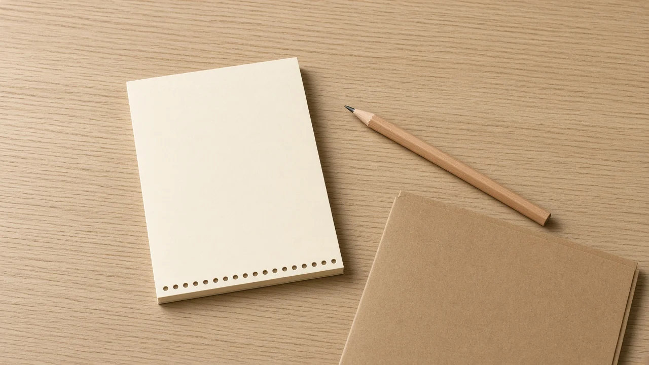 A blank pad, a pencil, and a closed folder on a wood desk, with no figures written.