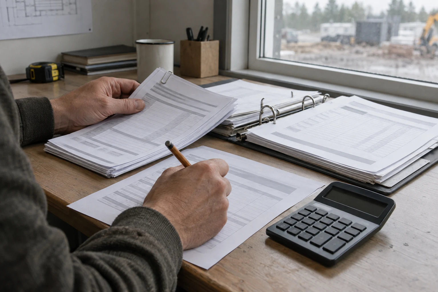 Hands checking clipped cost sheets with a pencil beside an open ring binder of reports and a calculator, at a site-office window