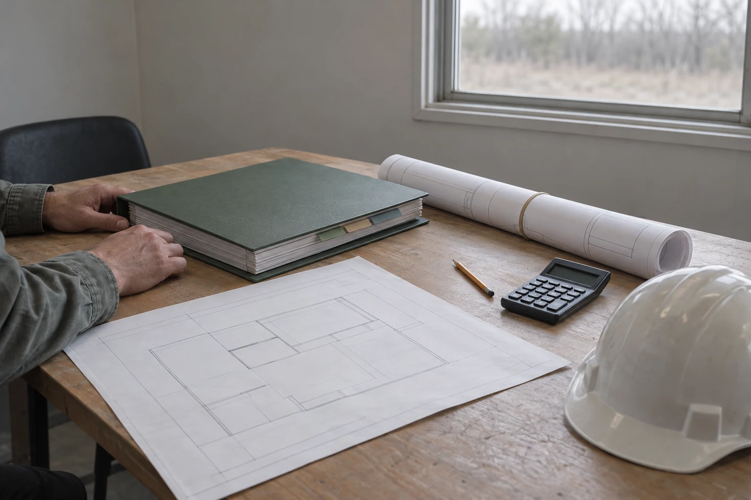 Hands resting on a tabbed contract binder beside rolled drawings, a plan sheet, a calculator and a white hard hat on a site-office table