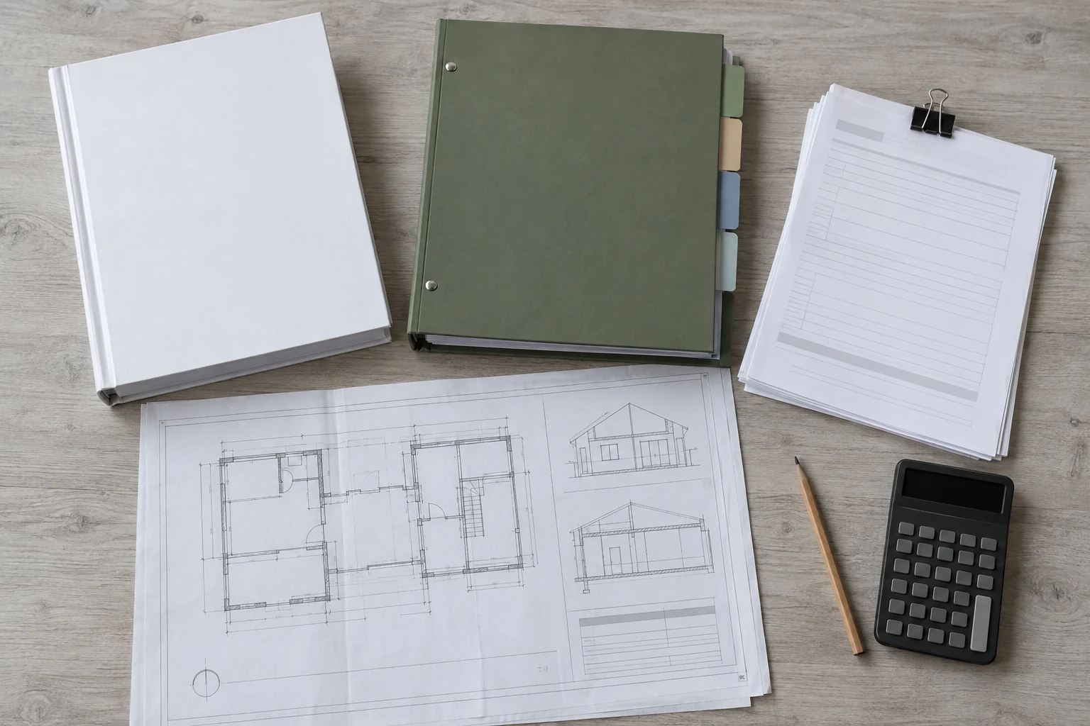 Overhead view of a bound volume, a tabbed binder and a drawing set, with a separate clipped stack of loose sheets, a pencil and a calculator