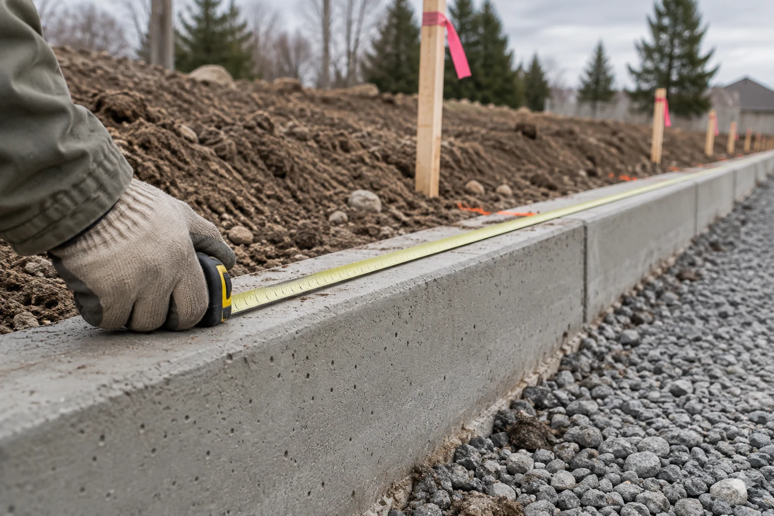 Gloved hand running a tape measure along a new concrete curb beside flagged survey stakes and gravel