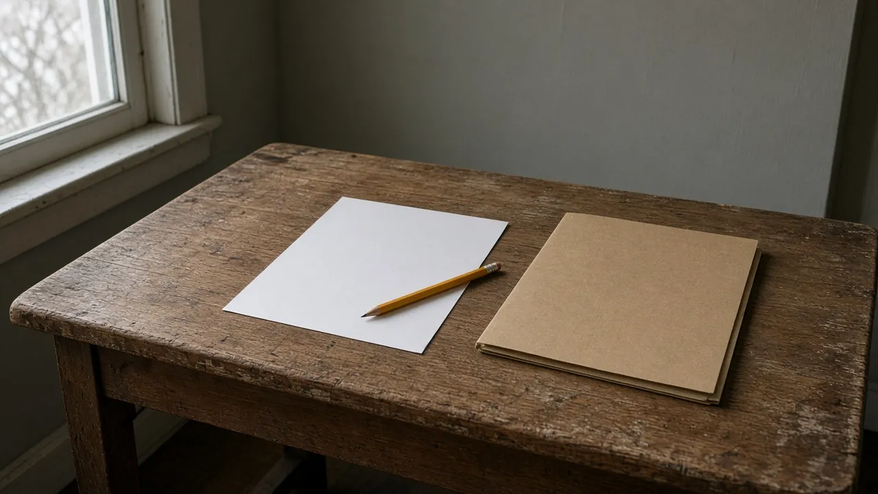 A blank sheet, a pencil, and a closed folder on a wood table.