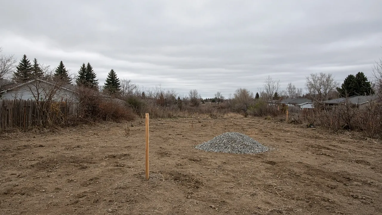 A wood stake and a gravel pile on an empty dirt lot.