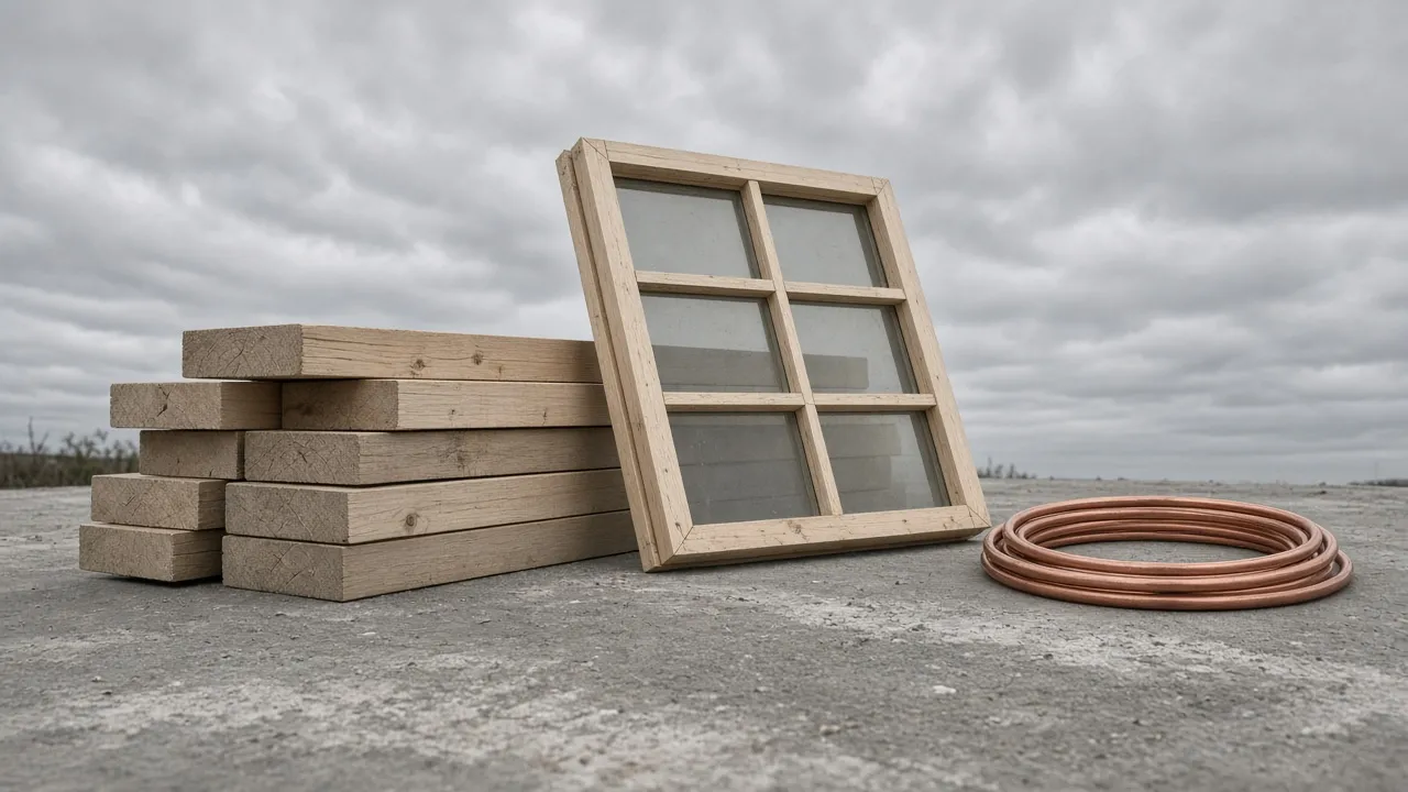 Lumber, a wood window frame, and a coil of pipe on a concrete slab.