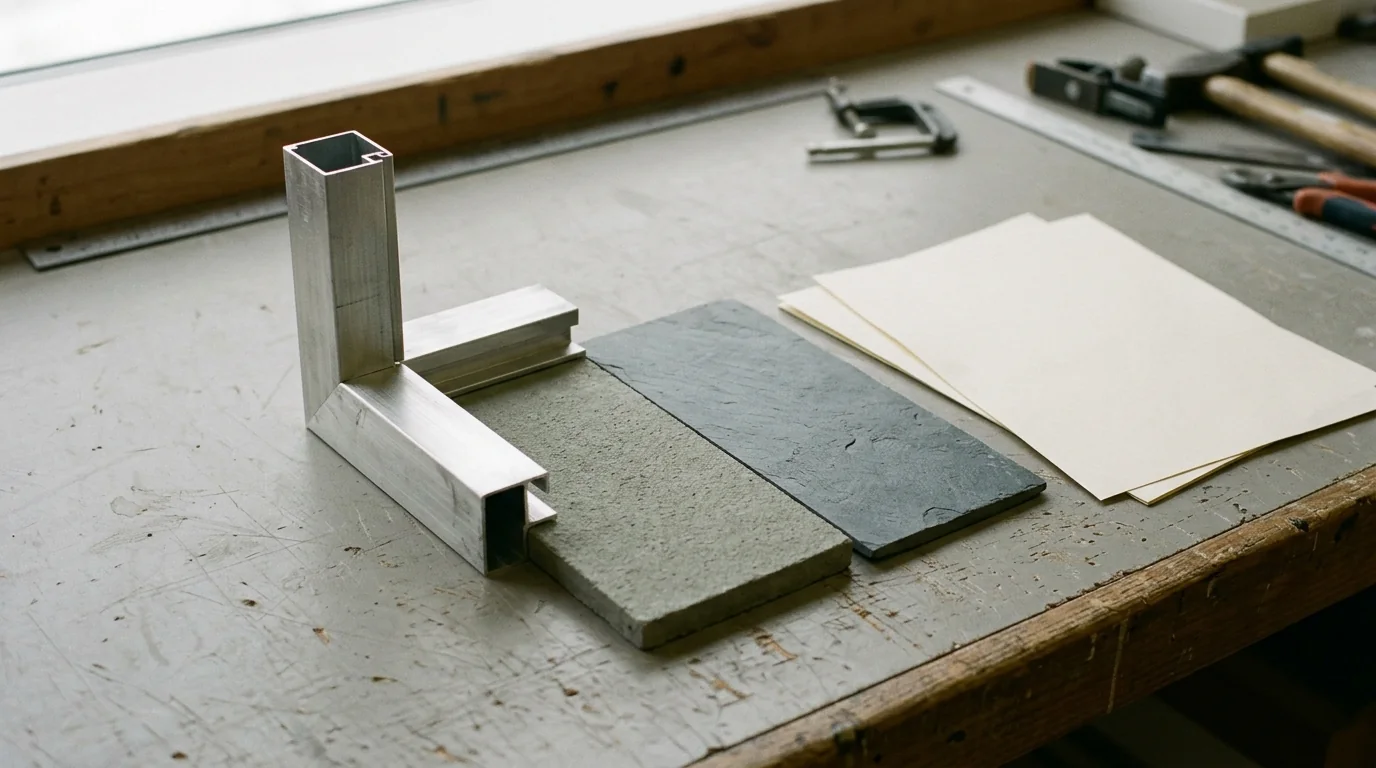 An aluminum corner sample, gray material samples and blank sheets on a worn workbench.