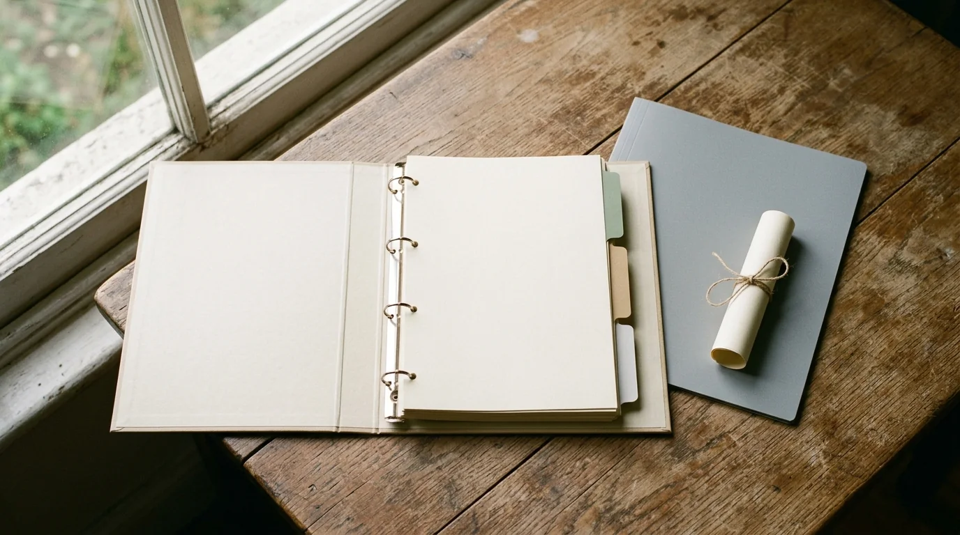 An open ring binder with plain sheets and colored divider tabs beside a closed folder and rolled paper.