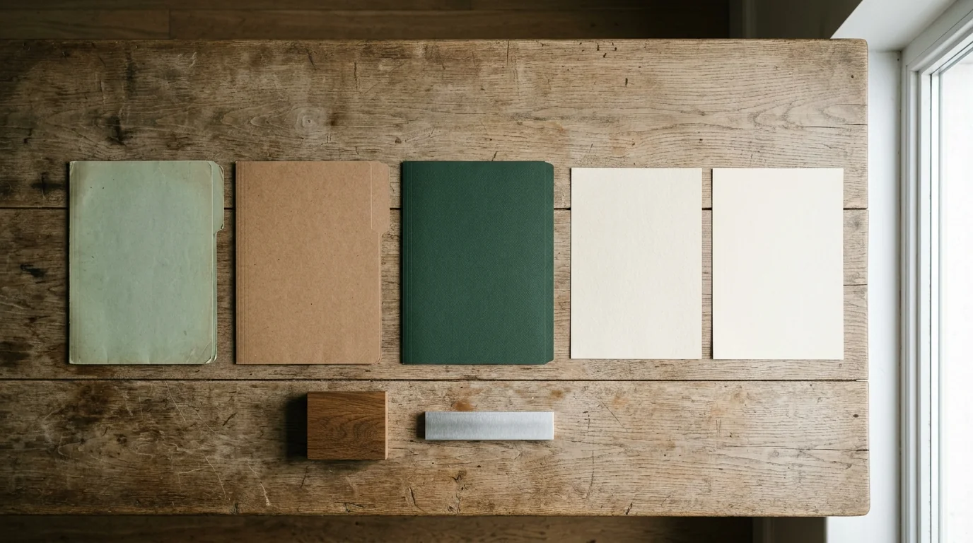 Three plain folders, blank sheets and material samples on a wooden table