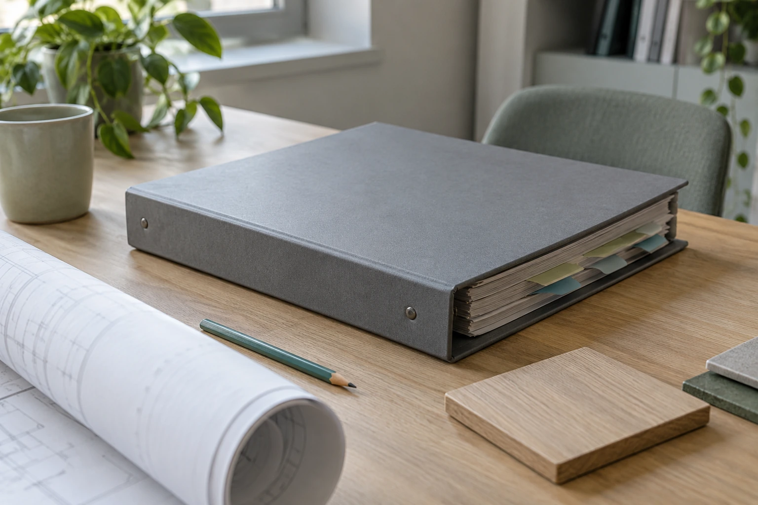 Tabbed project documents, a rolled drawing and a timber sample on an office table