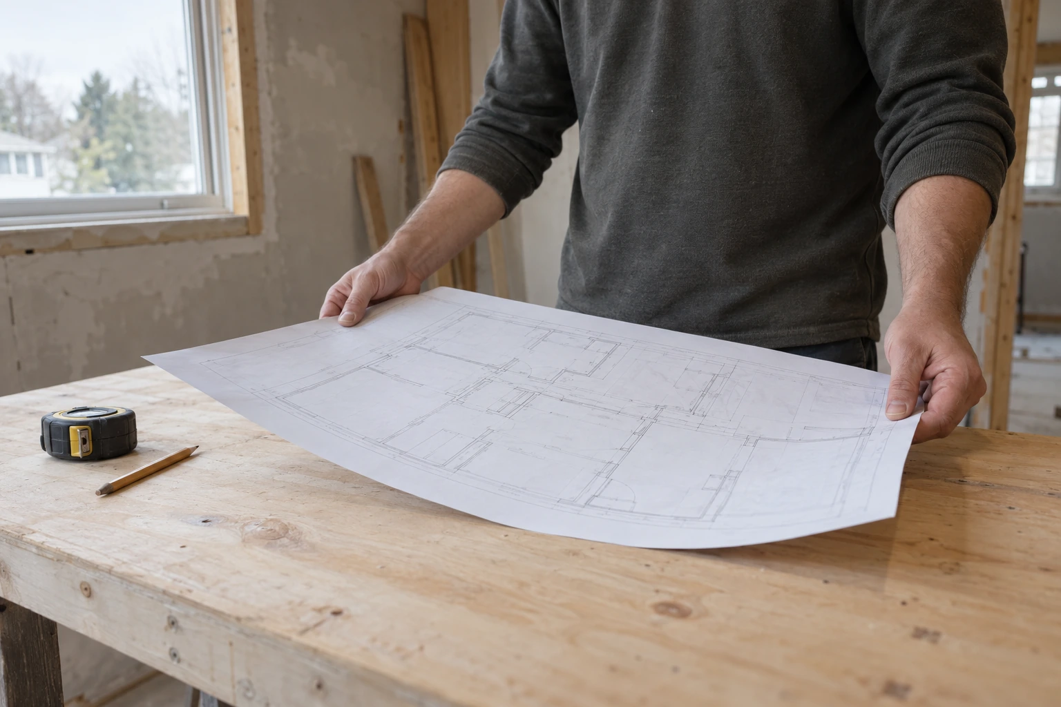 A person holding a drawing at a workbench inside an unfinished room