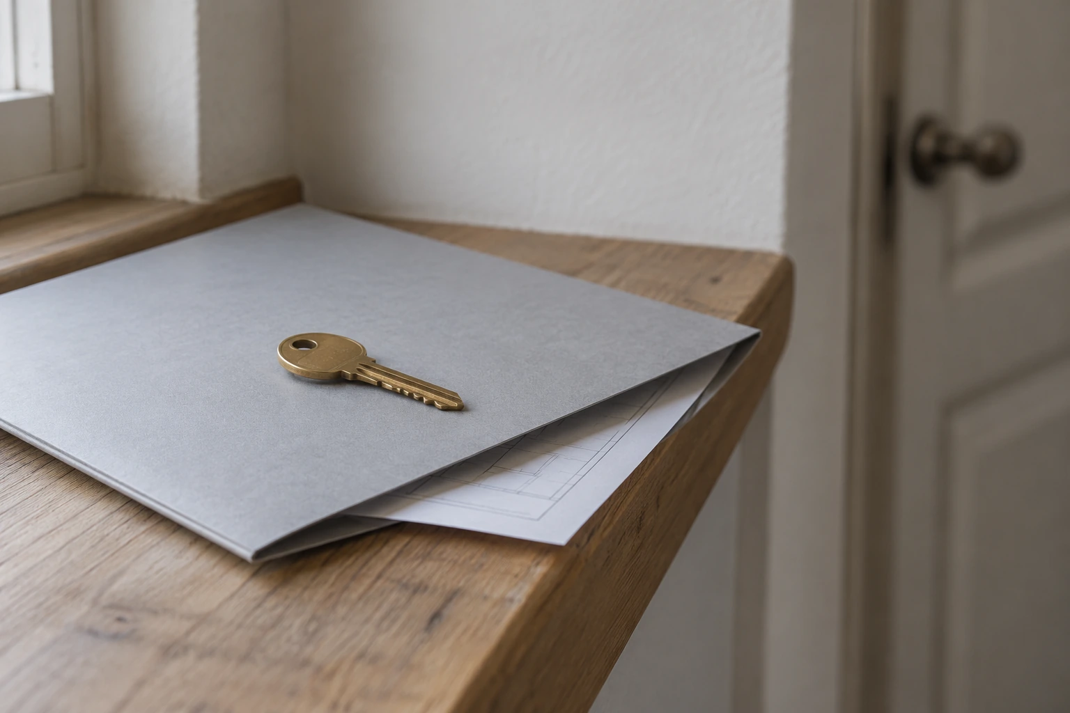 A door key resting on a plain project folder in a finished room