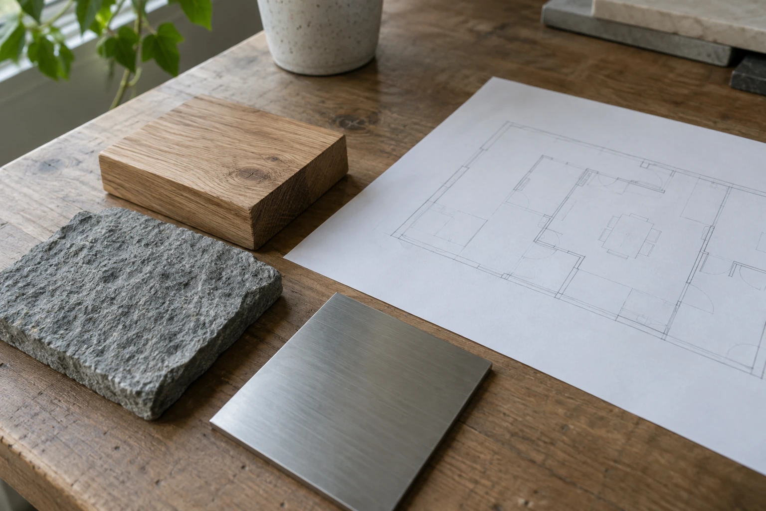 Timber, stone and metal samples beside a simple plan sketch