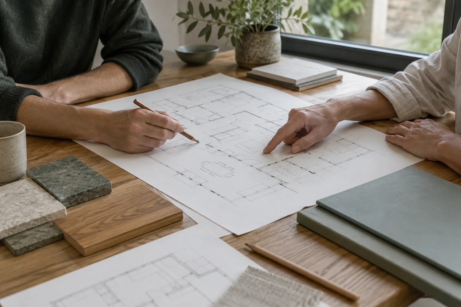 Two pairs of hands reviewing an unlabelled floor plan beside stone samples and folders