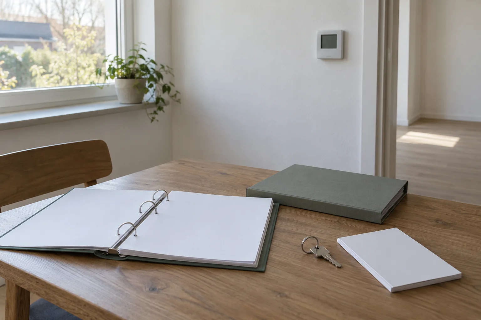An open binder with blank pages, a closed folder, a plain booklet and a key on a table in a finished room