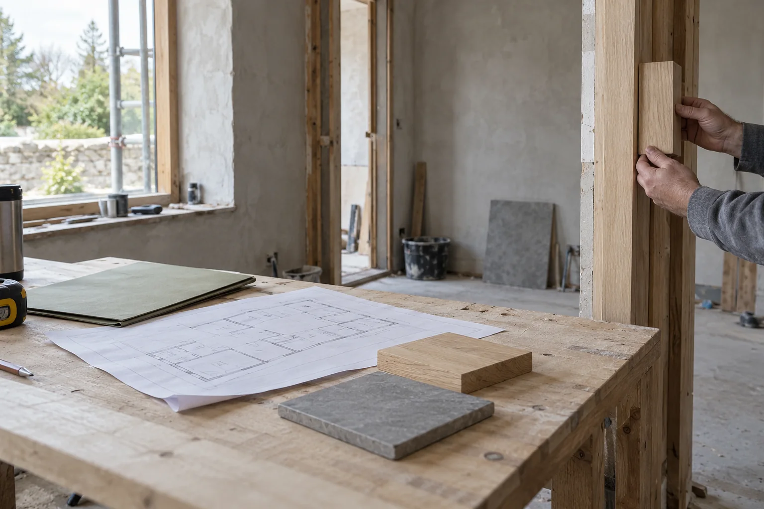 Hands holding a timber sample against a doorway beside a workbench with a drawing and material samples