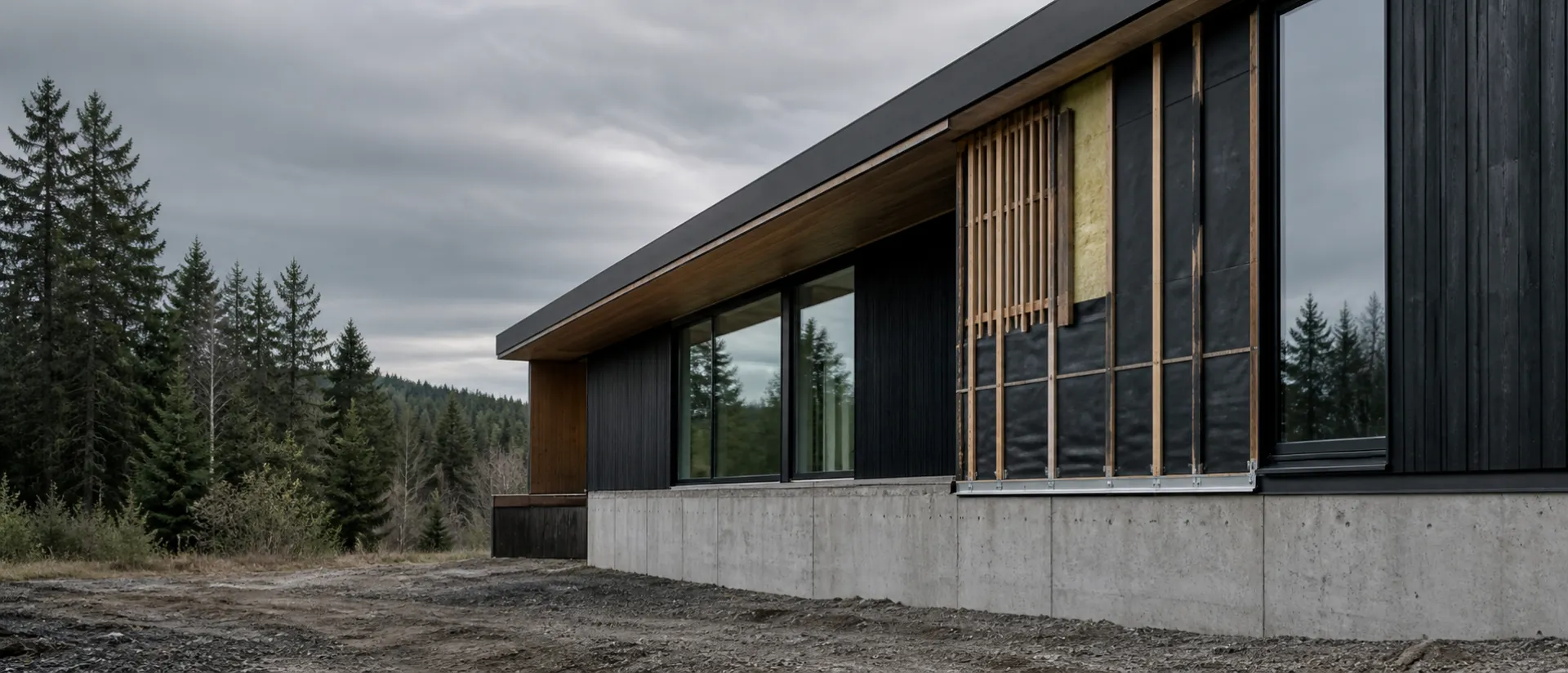 A contemporary timber-clad residence with one facade bay open during construction