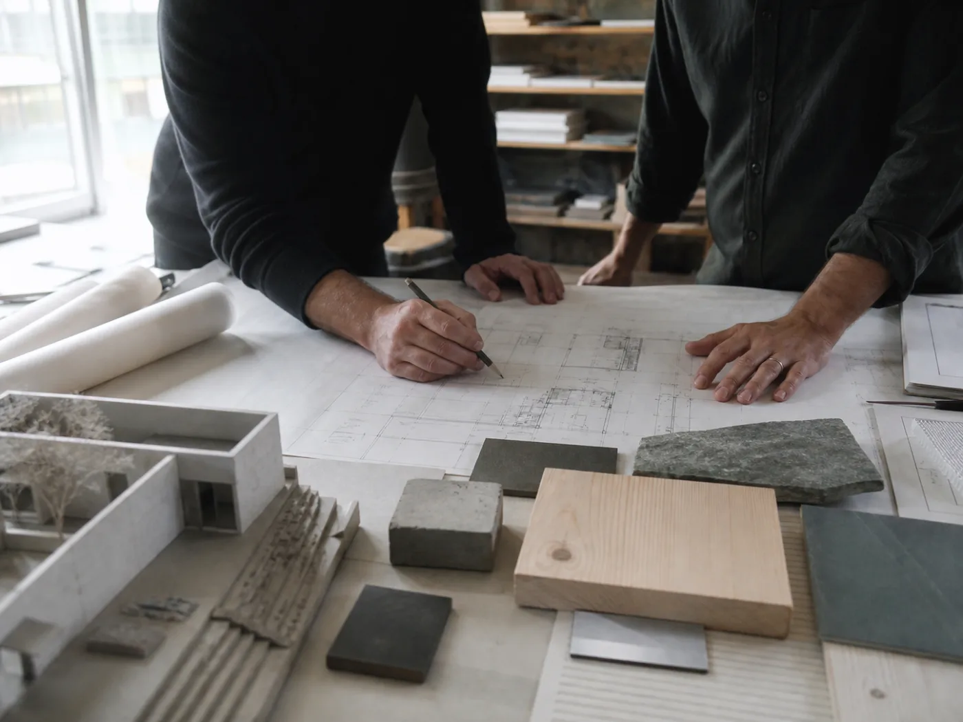Construction drawings, a scale model, and material samples on a design-build worktable