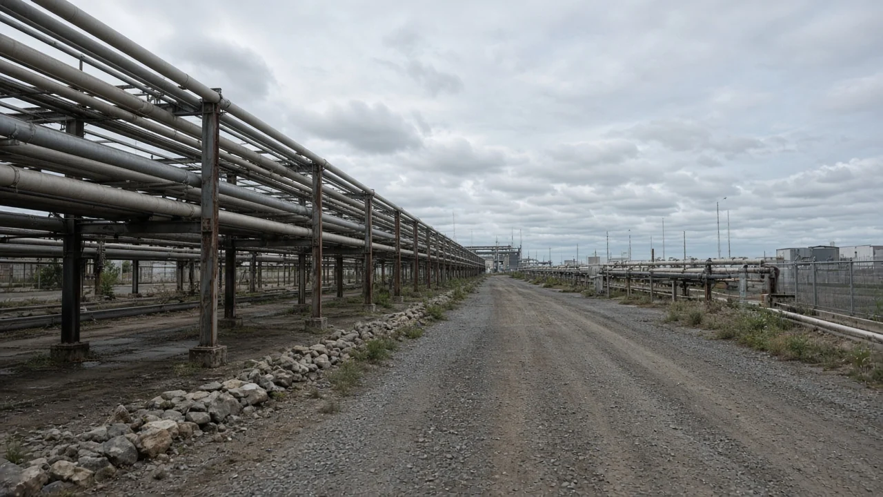 An unmarked pipe rack and gravel yard, with no company name and no capacity figure.