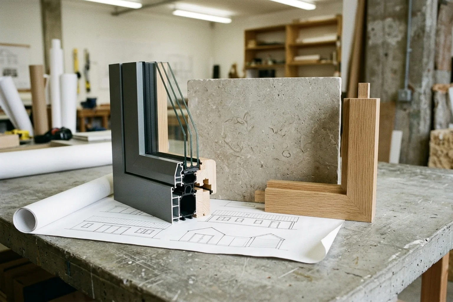 Aluminum-clad triple-glazed window corner cross-section, honed limestone slab sample, and rift-sawn oak joinery corner resting on an unlabelled architectural elevation line drawing on a concrete table