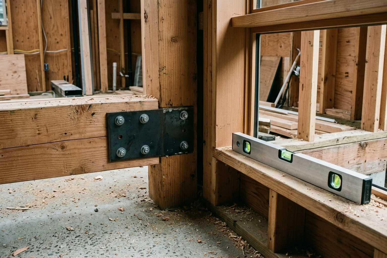 Exposed Douglas fir timber post-to-beam bolted steel plate connection and recessed window framing with an unbranded aluminum spirit level resting on the sill above a concrete subfloor