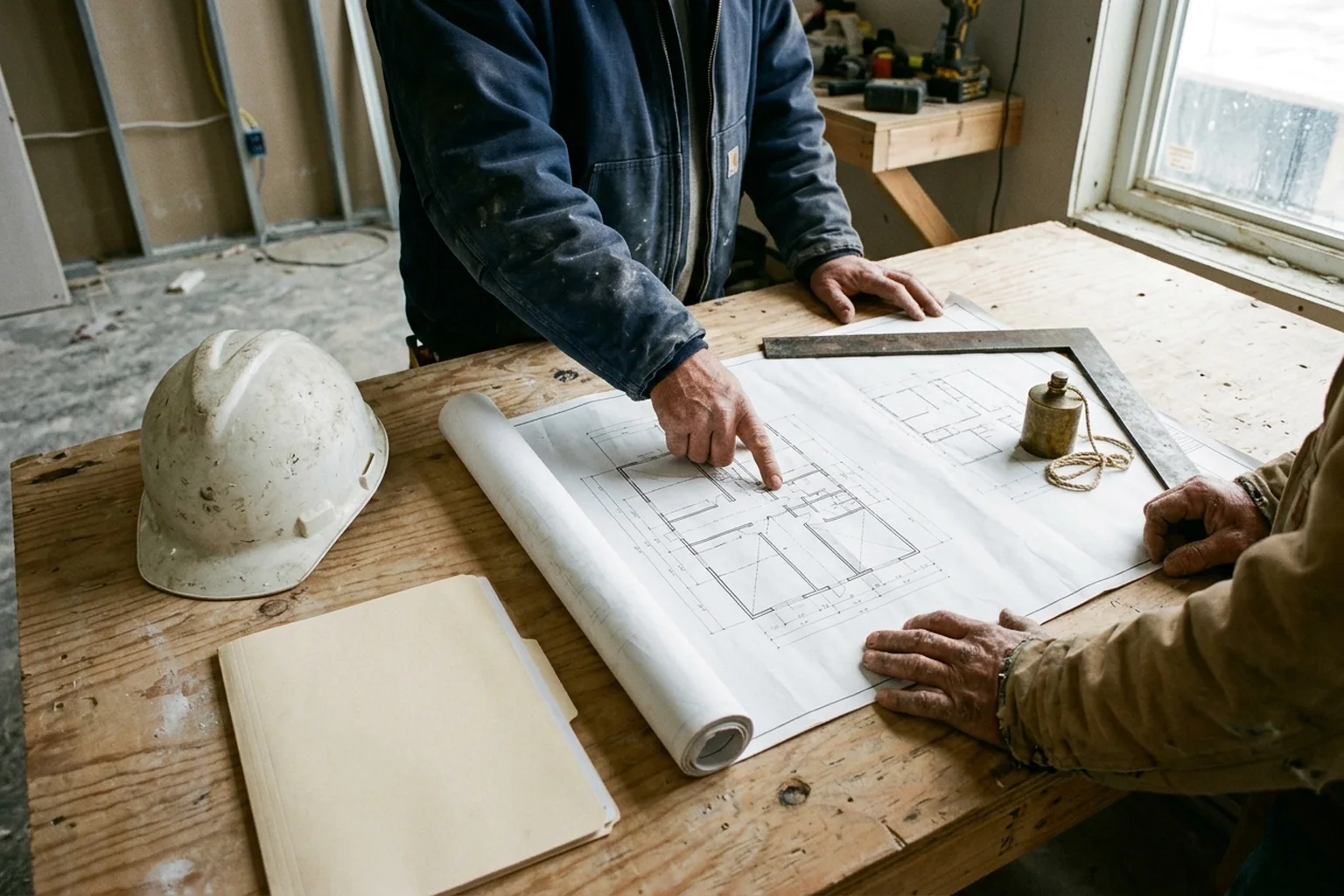 Two pairs of hands in work jackets pointing to an unlabelled floor plan drawing weighted down by a steel square and brass plumb bob beside a scuffed white hard hat and manila folder on a plywood table