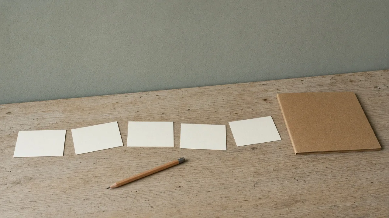 Five blank cards, a pencil, and a closed folder on a wood table.