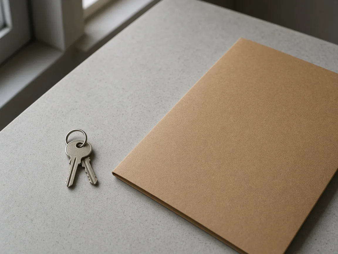 A key ring and a closed folder on a stone counter.
