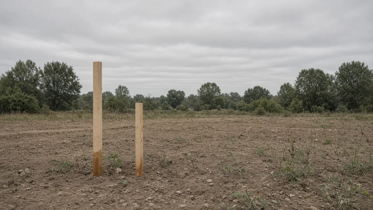 Two wood stakes in an empty dirt lot under an overcast sky.