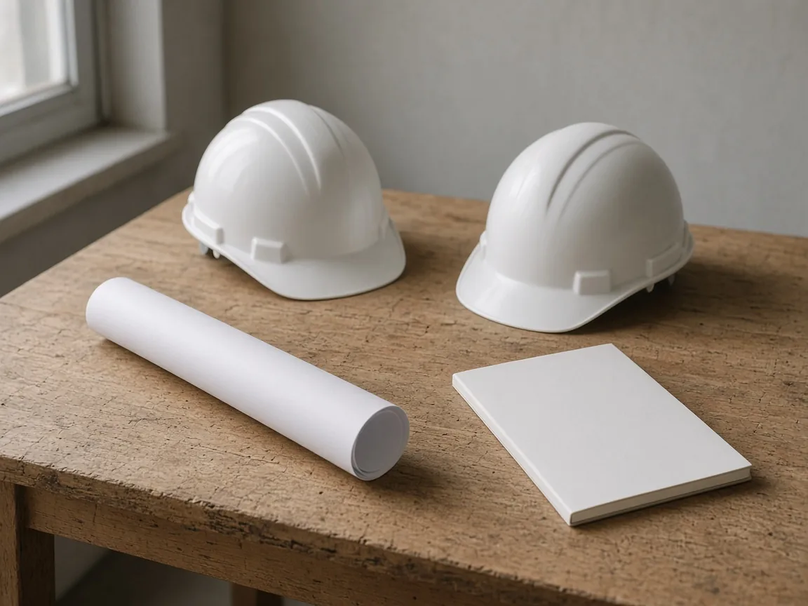 Two white hard hats, a rolled blank sheet, and a closed notebook on a wood table.