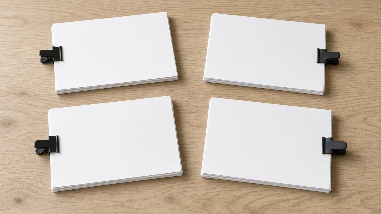 Four separate stacks of blank drawing sheets on a table, with gaps between the stacks.