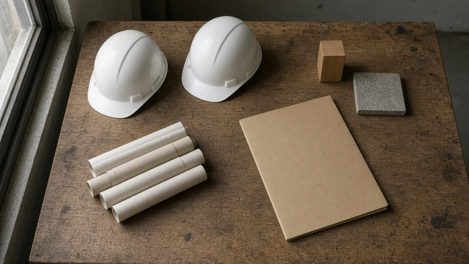 Two plain hard hats, rolled paper tubes, a closed folder, and a wood block beside a stone tile.