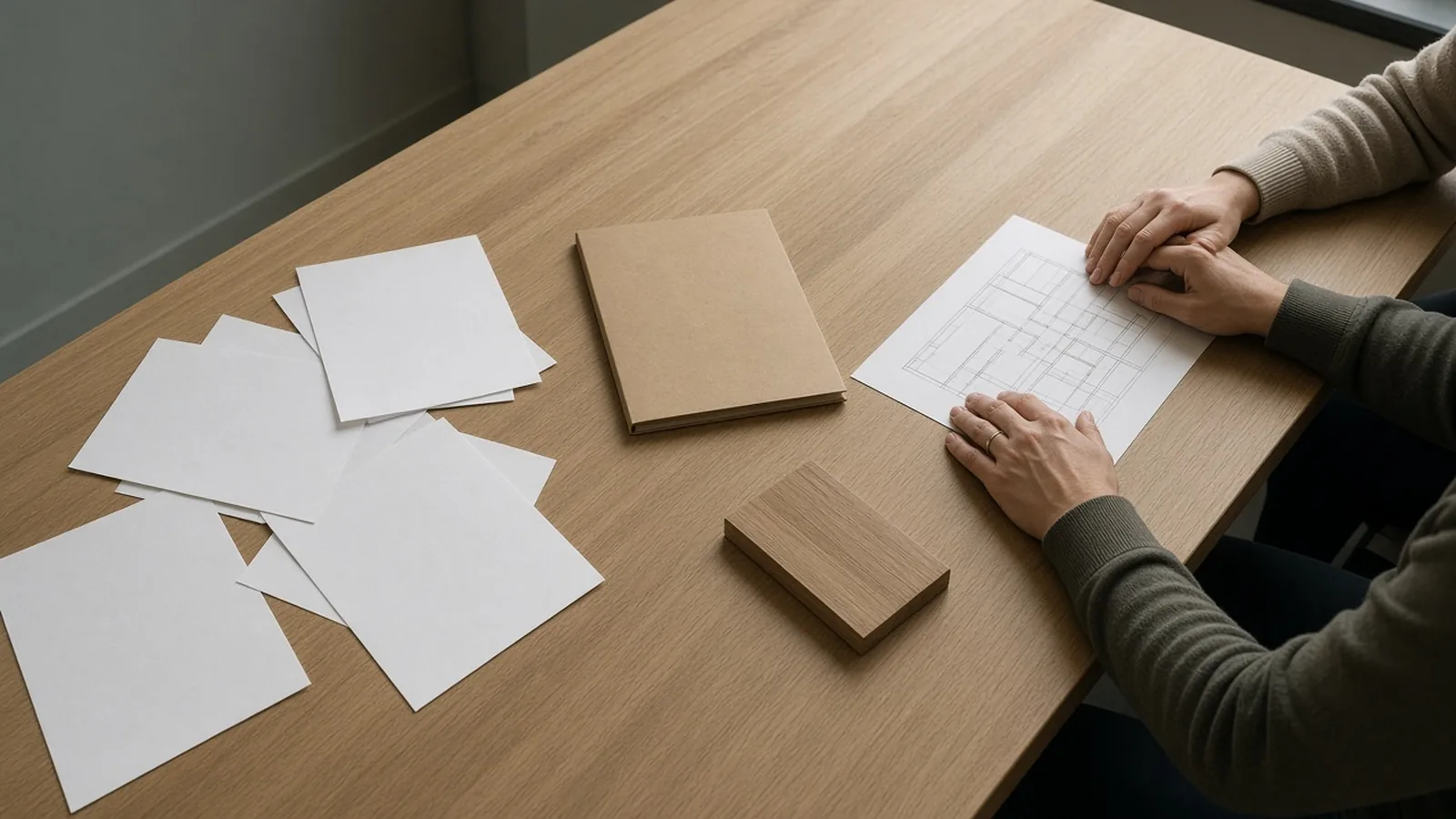 Loose blank sheets, a closed folder, and hands over a drawing that has only abstract lines.