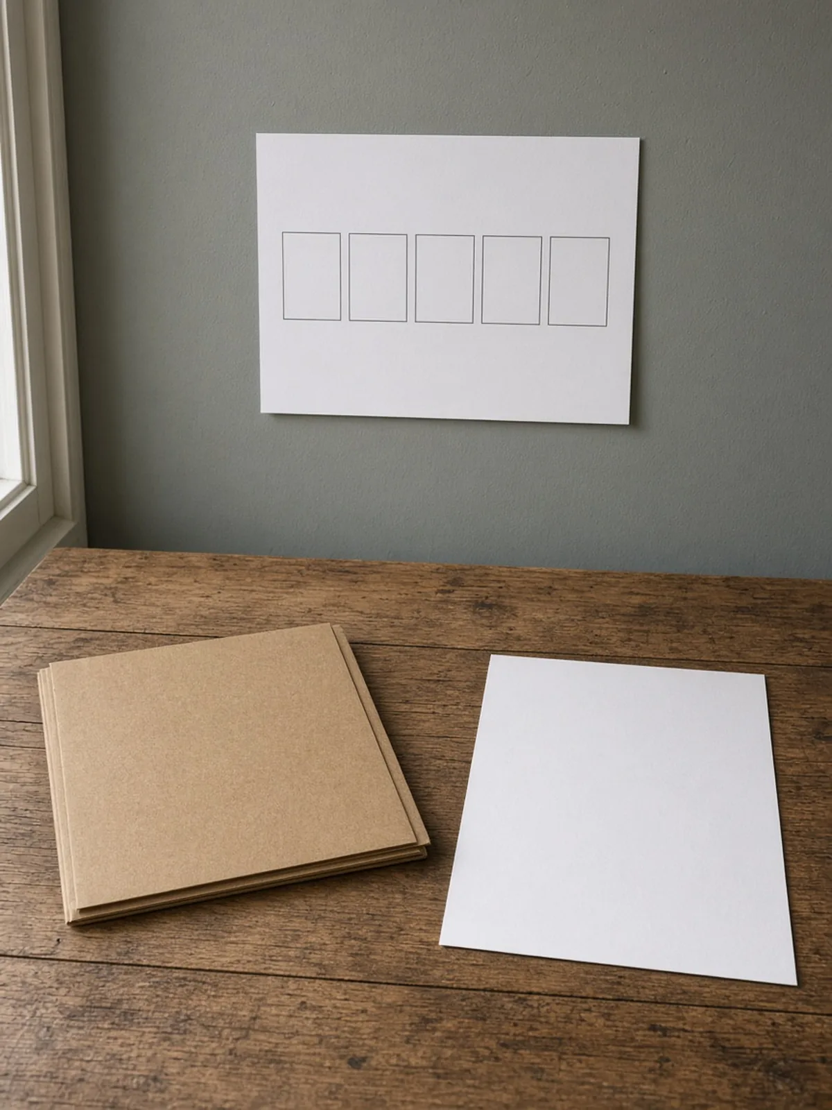 A sheet with five empty boxes above a closed folder and a blank page.