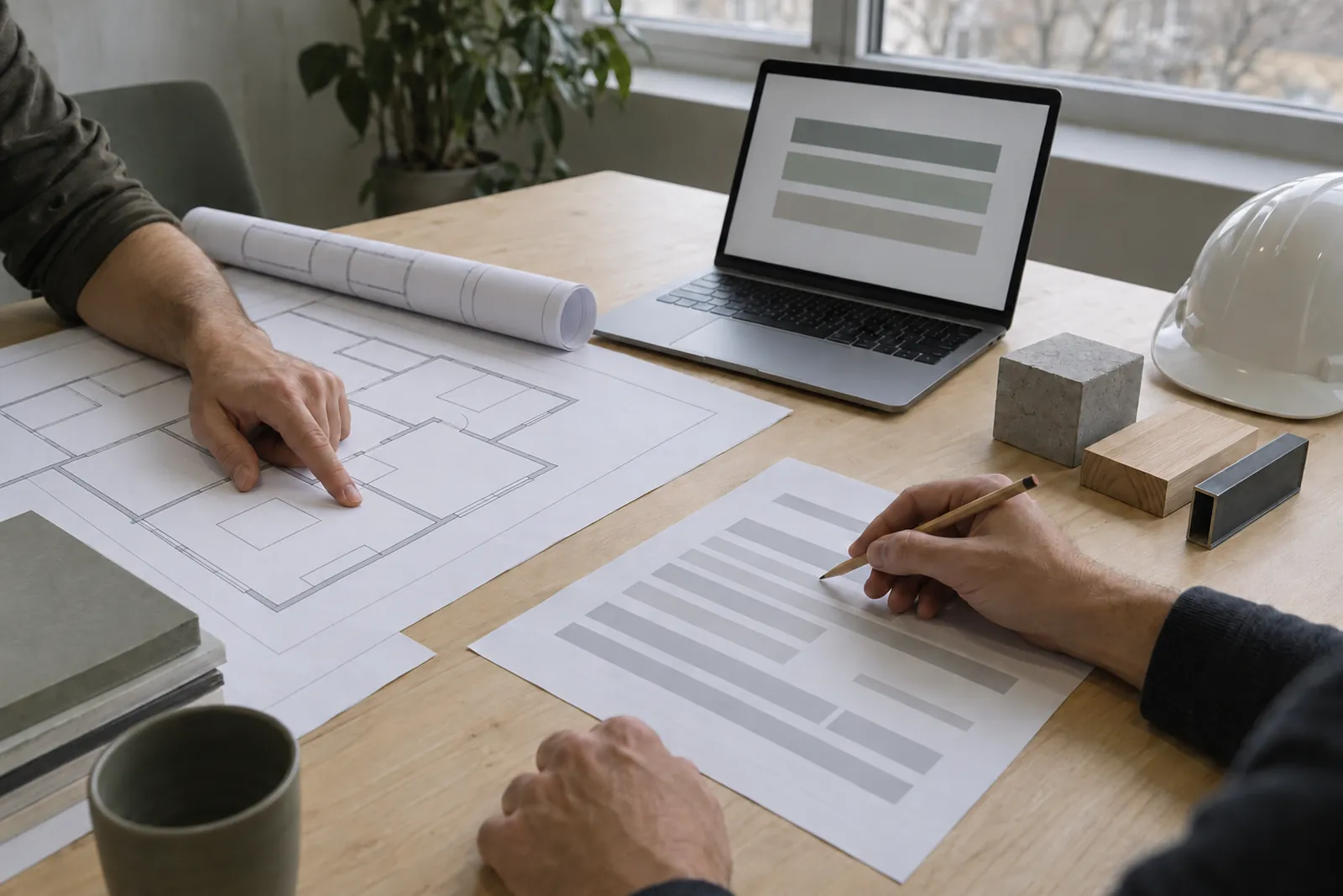 Two people's hands on a wooden table by a window, one pointing at a floor plan and one marking a printed sheet with a pencil, beside a laptop, concrete, timber and steel samples and a white hard hat